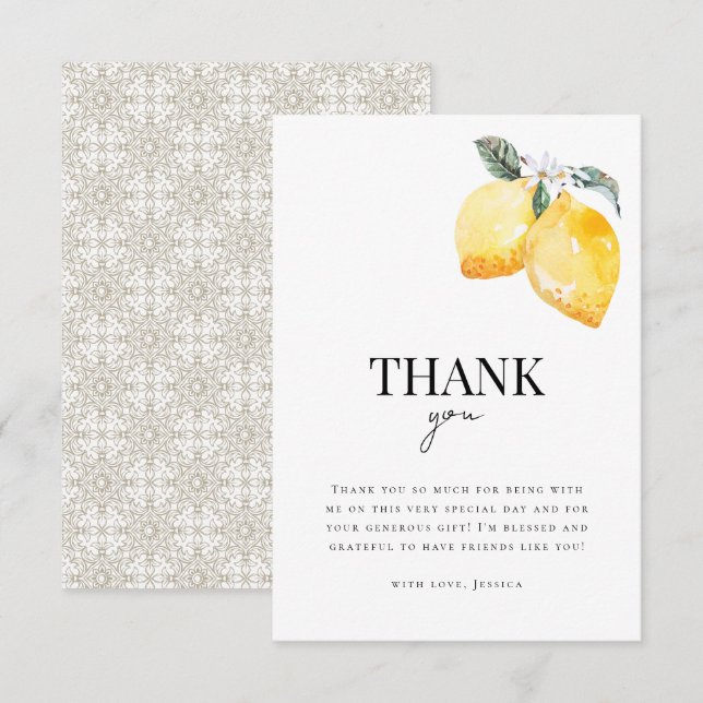 Carte De Remerciements Lemon Floral & Carrelage Italien Citron Mariage Sh (Devant / Derrière)