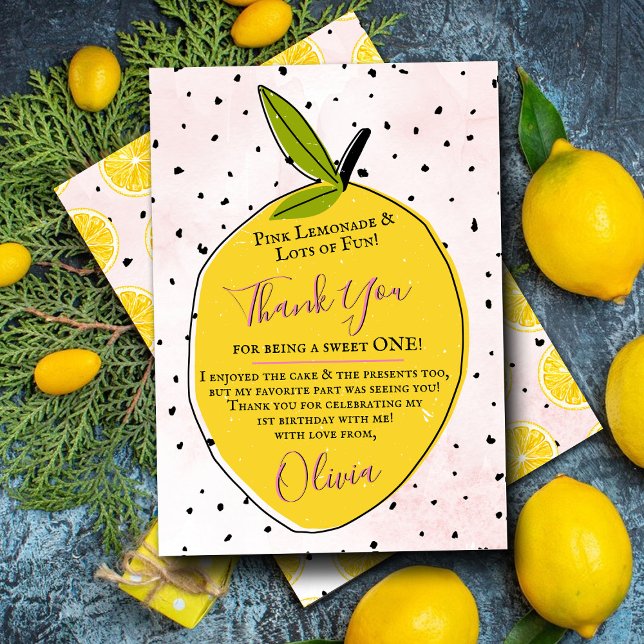 Carte De Remerciements Lemonade rose moderne 1er anniversaire (Créateur téléchargé)