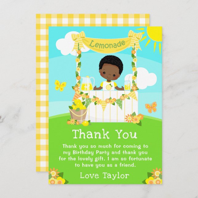 Carte De Remerciements Lemonade Stand Birthday Dark Skin Boy (Devant / Derrière)