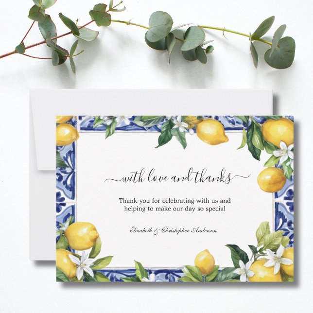 Carte De Remerciements Lemons Blue White Tile Mediterranean Wedding (Lemons Blue White Mediterranean tile Wedding Thank you card)