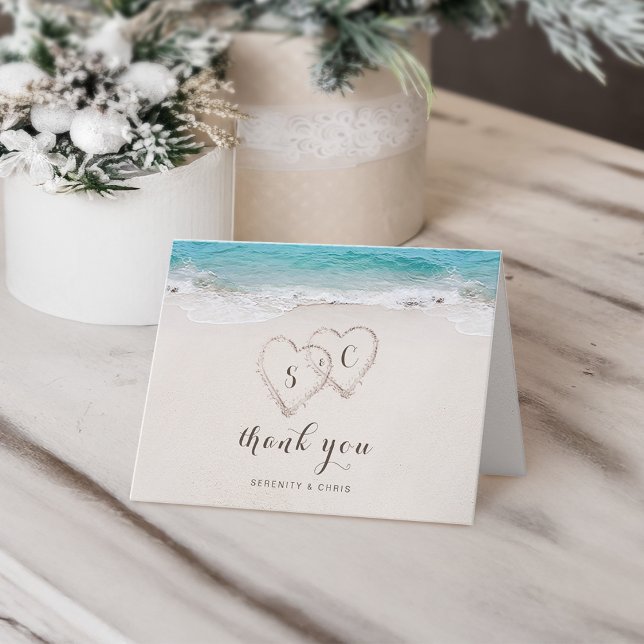 Carte De Remerciements Les coeurs dans le mariage de la plage de destinat (Hearts in the sand destination beach wedding thank you card)