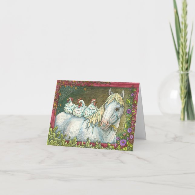 CARTE DE REMERCIEMENTS LES POINTS DANS LA STABLE, LE CHEVAL ET LE POULET  (Devant)