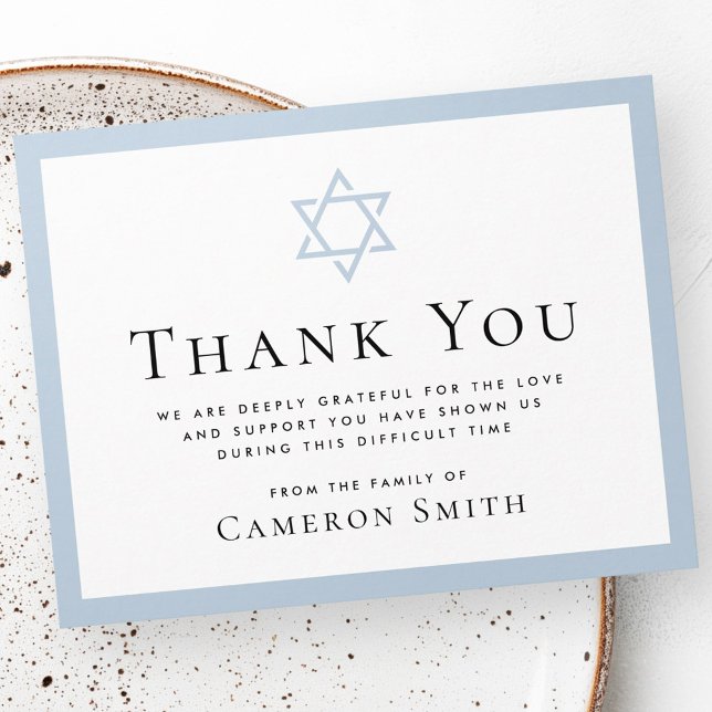 Carte De Remerciements L'étoile de David poussisty bleu frontière funérai (Star of David dusty blue border funeral sympathy Thank You Card)