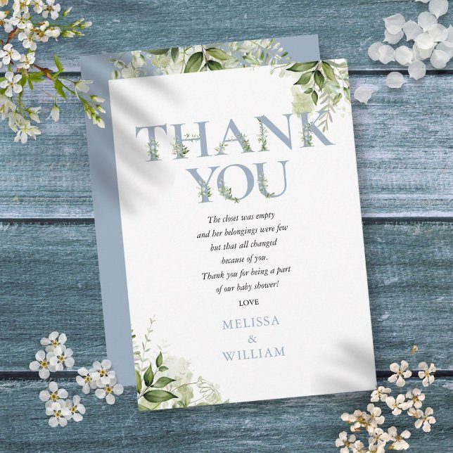 Carte De Remerciements LETTRE BLEUE DOUCE VERDOYENNE POÈME Baby shower (Dusty Blue Greenery Letter Baby Shower Poem Thank You Card)