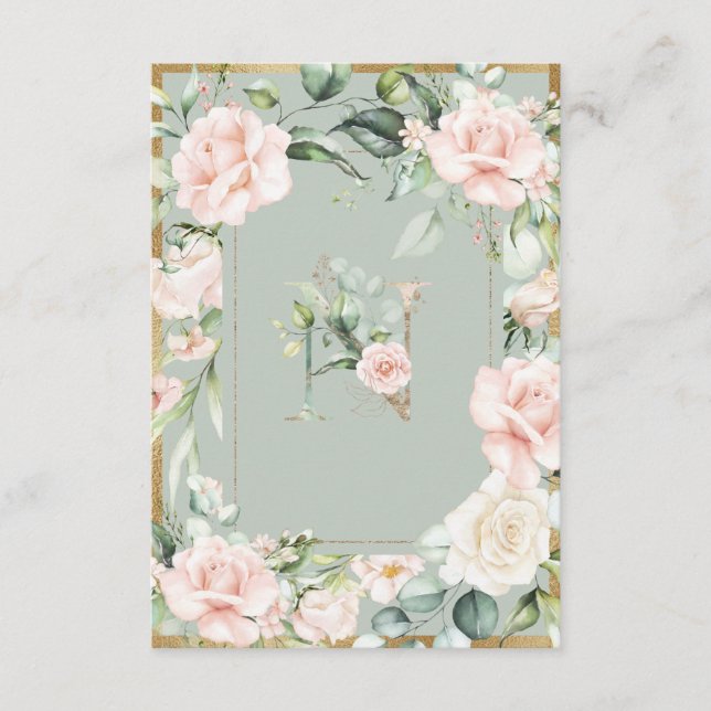 Carte De Remerciements Lettre monogramme N Roses floraux verts (Devant)