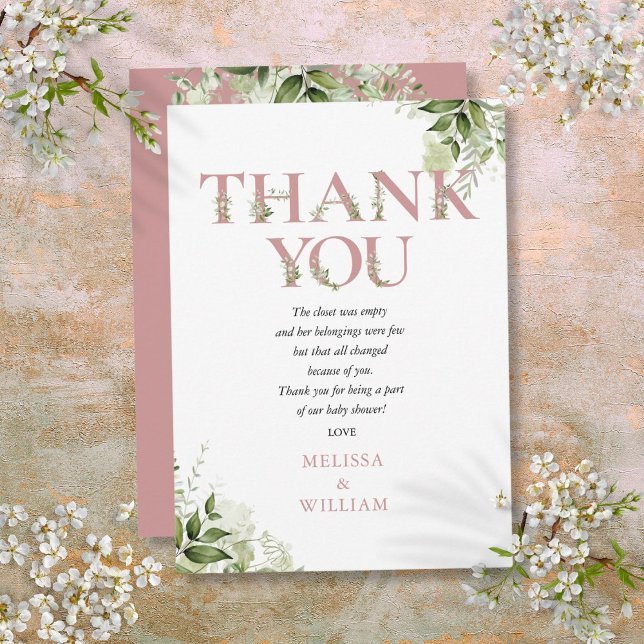 Carte De Remerciements Lettre Rose Dusty verte poème Baby shower (Dusty Rose Greenery Letter Baby Shower Poem Thank You Card)