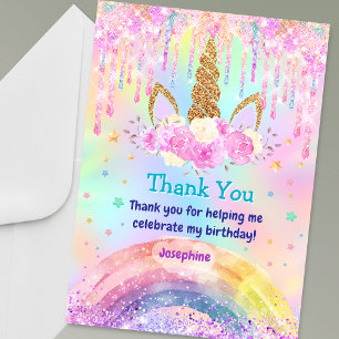 Carte De Remerciements Licorne arc-en-ciel mignonne rose aqua Gouttes ann
