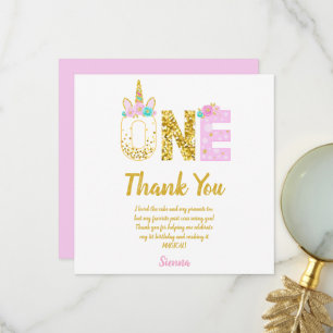 Carte De Remerciements Licorne Rose Pailletée Or 1er Anniversaire