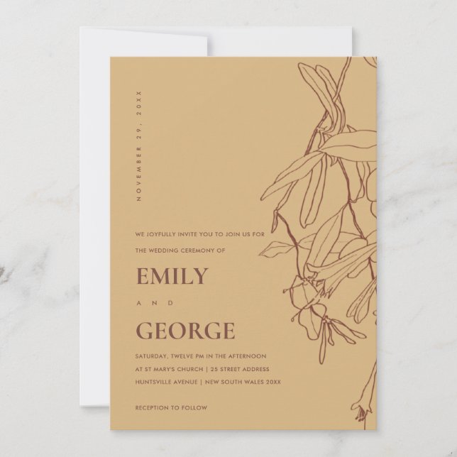 CARTE DE REMERCIEMENTS LIGNE JAUNE OCRE DESSIN MARIAGE FLORAL INVITE (Devant)