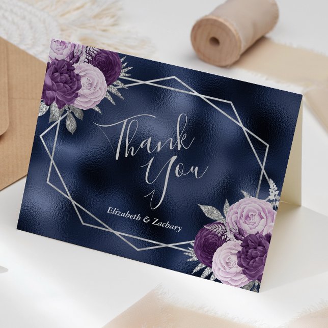 Carte De Remerciements Lilac Floral Silver Navy Blue Foil Mariage (Créateur téléchargé)