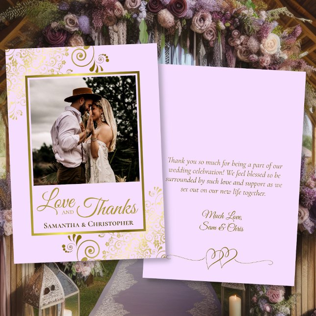 Carte De Remerciements Lilac & Gold Love Thanks Photo & Note Mariage (Front/Back)