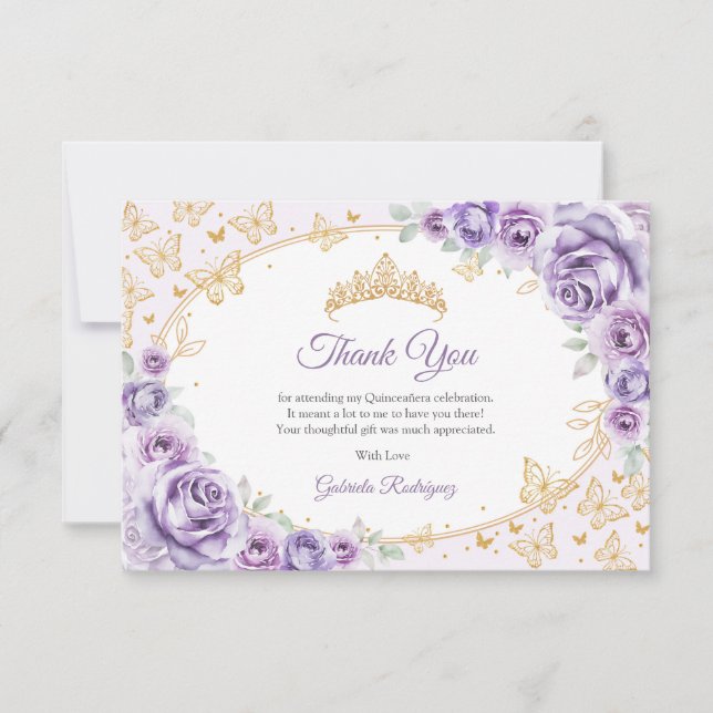 Carte De Remerciements Lilac Violet Or Fleur Quinceanera (Devant)
