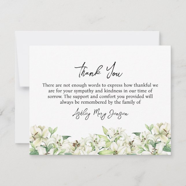 Carte De Remerciements Lily Funeral Thank You Note Card Bereavement (Devant)