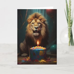 Carte De Remerciements Lion puissant avec un gâteau d'anniversaire