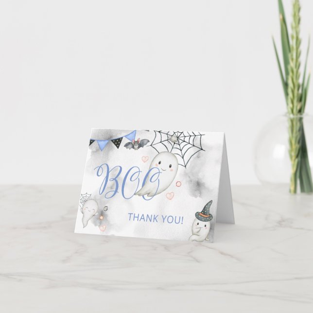 Carte De Remerciements Little Boo Blue Halloween Baby shower fantôme (Devant)