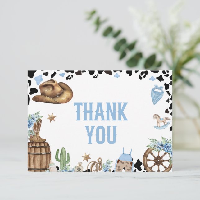 Carte De Remerciements Little Cowboy Western Blue Baby Shower  (Debout devant)