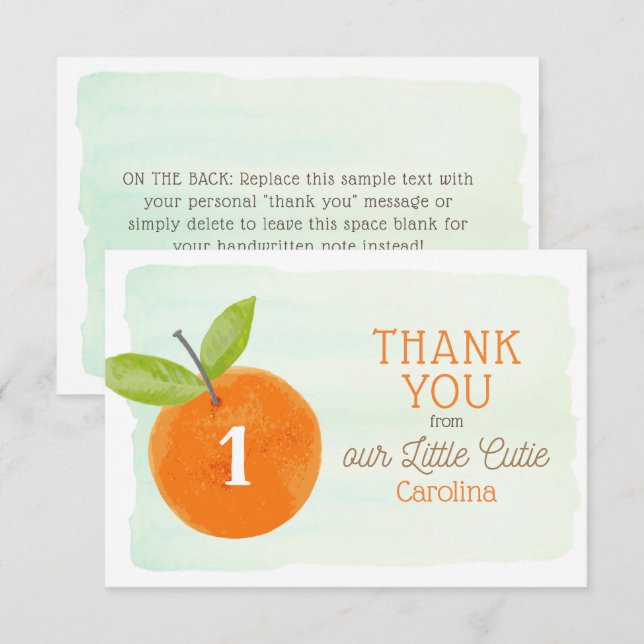 Carte De Remerciements Little Cutie Orange Clementine 1er anniversaire (Devant / Derrière)