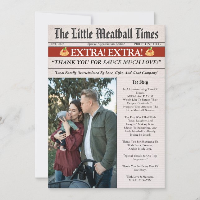Carte De Remerciements Little Meatball Newspaper Baby Shower Photo (Devant)