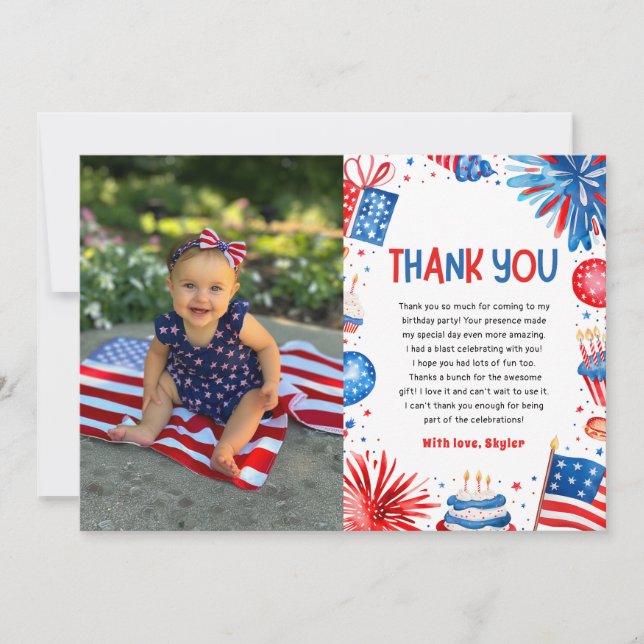 Carte De Remerciements Little Miss Firecracker 4 juillet 1er anniversaire (Devant)