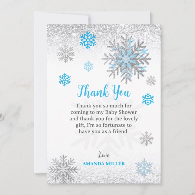 Carte De Remerciements Little Snowflake Blue Silver Glittery Baby Shower  (Devant)