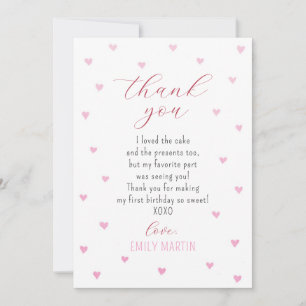 Carte De Remerciements Little Sweetheart Pink Red Hearts 1er anniversaire