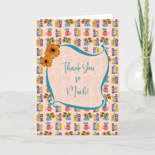 Carte De Remerciements Livres empilés avec vase à fleurs et tasse de café
