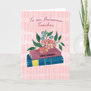 Carte De Remerciements Livres empilés et fleurs roses pour enseignant