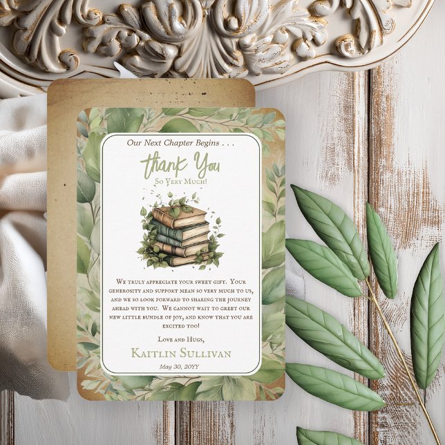 Carte De Remerciements Livres Notre Prochain Chapitre Commence Shower de  (Rustic Vintage Look Elegance "Our Next Chapter Begins . . ." Old Books Leaves Baby Shower Thank You)
