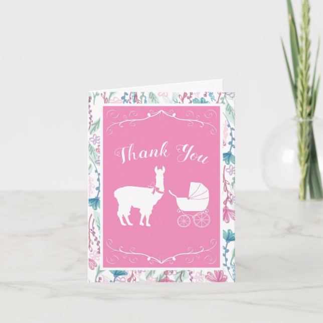 Carte De Remerciements Llama Baby shower mignonne fille rose (Devant)