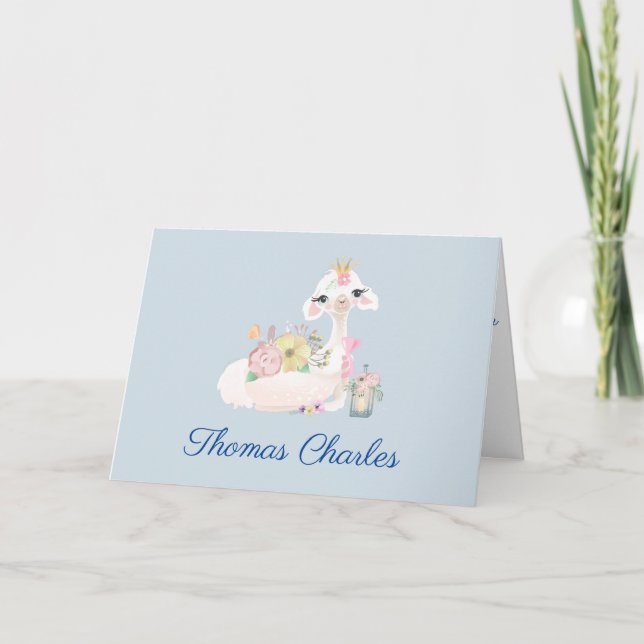Carte De Remerciements Llama Bleu et Blanc avec Fleurs Bébé (Devant)