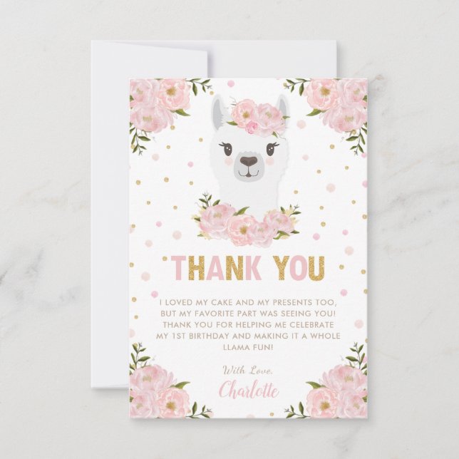 Carte De Remerciements Llama fête d'anniversaire Blush rose floral (Devant)
