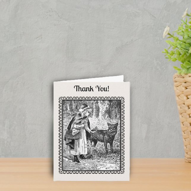 Carte De Remerciements Loup De Chapeau Rouge Sous Les Arbres Blanc Noir B (Black white drawing in frame Little Red Riding hood with flowers, in woods with wolf thank you card.)