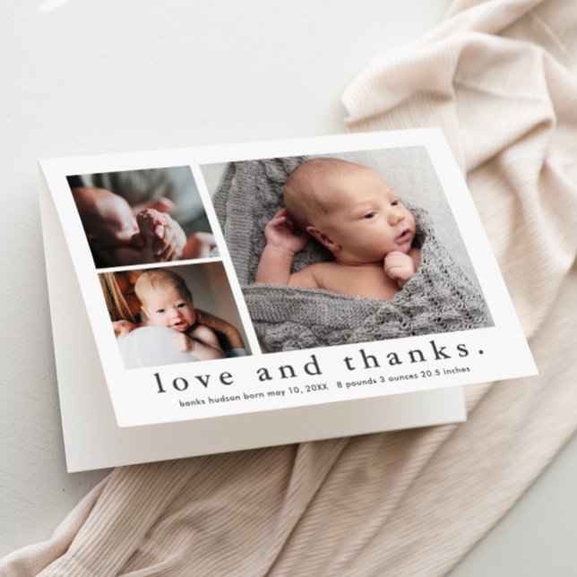 Carte De Remerciements Love and Thanks 3 Photo Collage Baby (Simple black and white love and thanks 3 photo collage baby thank you card birth announcement.)
