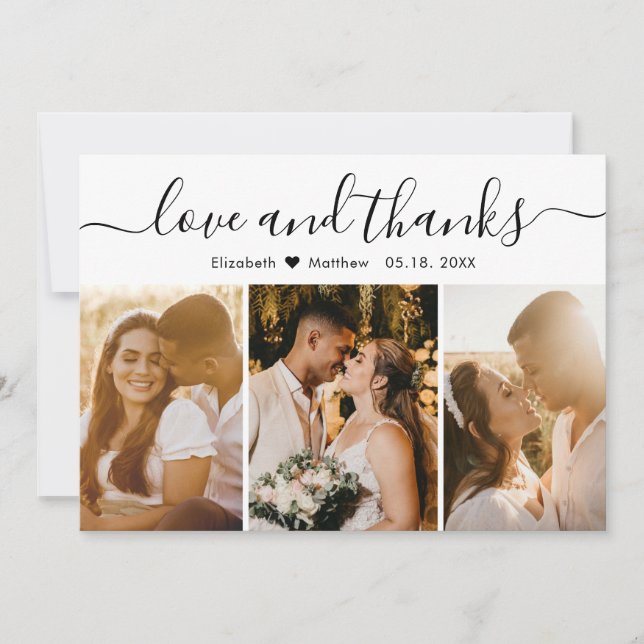 Carte De Remerciements Love and Thanks 3 Photo Collage Mariage (Devant)