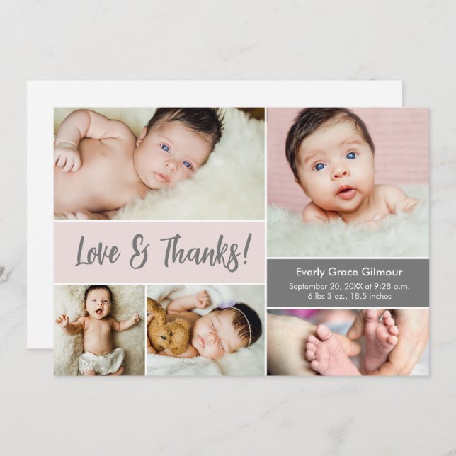 Carte De Remerciements Love and Thanks Blush Pink Photos Baby shower (Devant / Derrière)