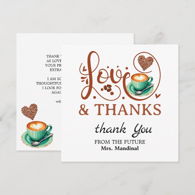 Carte De Remerciements Love and Thanks Bridal Shower Wedding Coffee Theme (love and thanks thank you elegant script calligraphy modern script typography heart message coffee)