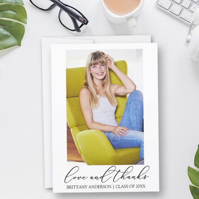 Carte De Remerciements Love and Thanks Calligraphy Ink Photo Graduation (Customize to add text or more photos to back of card.)