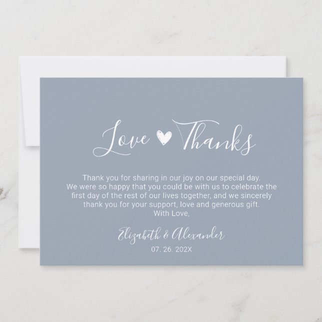 Carte De Remerciements Love and Thanks Calligraphy Script Mariage bleu (Devant)