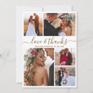 Carte De Remerciements Love and Thanks Gold Script Photo Collage Mariage