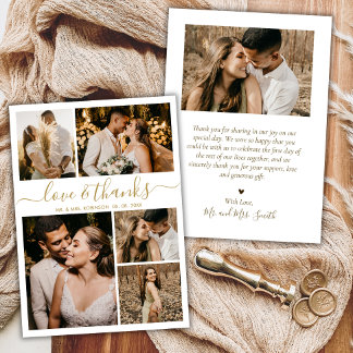 Carte De Remerciements Love and Thanks Gold Script Photo Collage Mariage