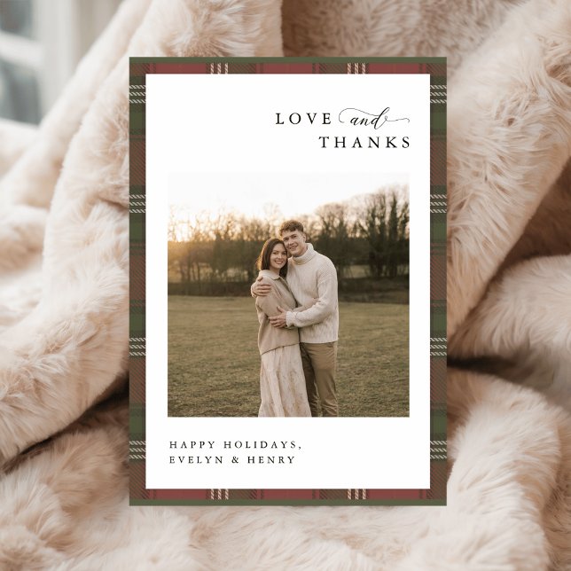 Carte De Remerciements Love and Thanks | Newlywed Plaid Christmas Photo (Créateur téléchargé)