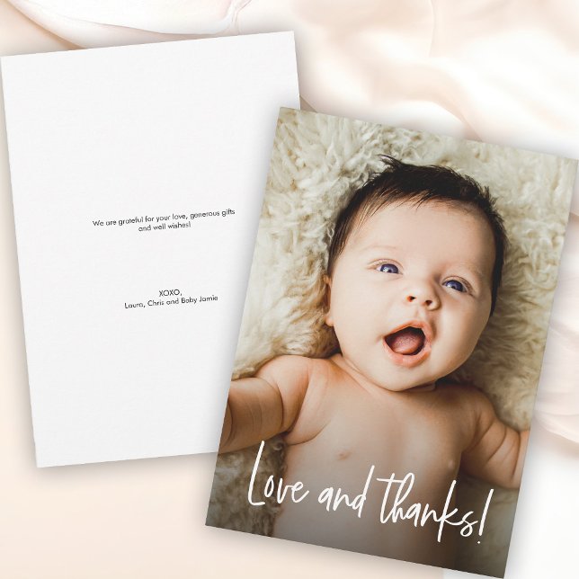 Carte De Remerciements Love and Thanks photo Baby shower (Customizable baby photo Love and thanks! baby shower thank you card.)