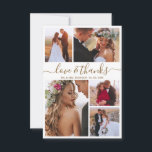 Carte De Remerciements Love and Thanks Script 5 Photo Collage Mariage<br><div class="desc">Elégant, minimaliste "Amour et merci" Gold Script et White 5 Photo Collage Mariage Merci Cartes. Modèle carte de remerciements mariage moderne avec cinq (5) photos à l'avant et une (1) photo à l'arrière. Avec "Amour et merci" texte dans une tourbillonnant police de script de typographie en or sur arrière -...</div>