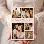 Carte De Remerciements Love and Thanks Script Blush Photo Collage Mariage<br><div class="desc">Élégant Script Gold et Blush rose Mariage Photo Collage Merci Cartes. Un modèle mariage moderne et minimaliste avec cinq (5) photos à l'avant et une (1) photo à l'arrière. Avec le texte "Amour et merci" dans une belle main lettrage de typographie police de script en or sur arrière - plan...</div>