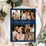 Carte De Remerciements Love and Thanks Script Marine Photo Collage Mariag<br><div class="desc">Élégant Script Gold et Mariage de la Marine Photo Collage Merci Cartes. Un modèle mariage moderne et minimaliste avec cinq (5) photos à l'avant et une (1) photo à l'arrière. Avec le texte "Amour et merci" dans une belle main lettering typographie script police en or sur arrière - plan bleu...</div>