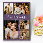 Carte De Remerciements Love and Thanks Script Purple 5 Mariage photo<br><div class="desc">Élégant, Script Minimaliste Dusty Purple 5 Photo Collage Mariage Merci Cartes. Modèle carte de remerciements mariage moderne avec cinq (5) photos à l'avant et une (1) photo à l'arrière. Avec le texte "Amour et merci" dans une tourbillonnant police de caractères de typographie en blanc sur arrière - plan mauve ou...</div>