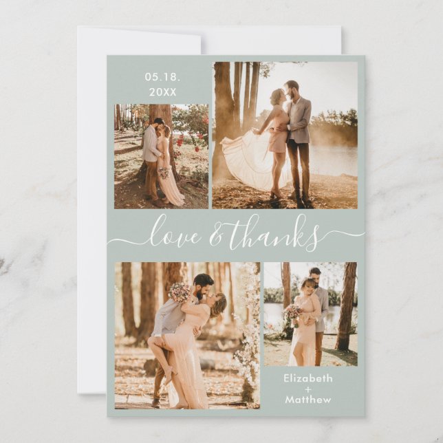 Carte De Remerciements Love and Thanks Script Sage Green Collage Mariage (Devant)