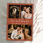 Carte De Remerciements Love and Thanks Script Terracotta Mariage<br><div class="desc">Élégant, moderne en terre cuite à la main Lettré Photo Collage Mariage Carte de remerciements. Élégant modèle mariage avec trois photos sur le devant et une photo sur le dos. Avec le texte "Amour et merci" dans une tourbillonnant main lettré typographie police de caractères sur terre terre cuite, rouille brûlé...</div>