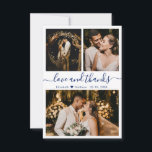Carte De Remerciements Love and Thanks Script White Navy Mariage Photo<br><div class="desc">Elégant, minimaliste blanc et marine Lettré Mariage de la main Carte de remerciements photo. Modèle mariage élégant avec trois (3) photos sur le devant et une (1) photo sur le dos. Avec le texte "Amour et merci" dans une main tourbillonnant lettré typographie script police bleu marine sur blanc arrière -...</div>