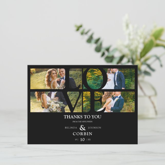 Carte De Remerciements Love Quote Black Trendy Collage Wedding 4 Photos (Debout devant)
